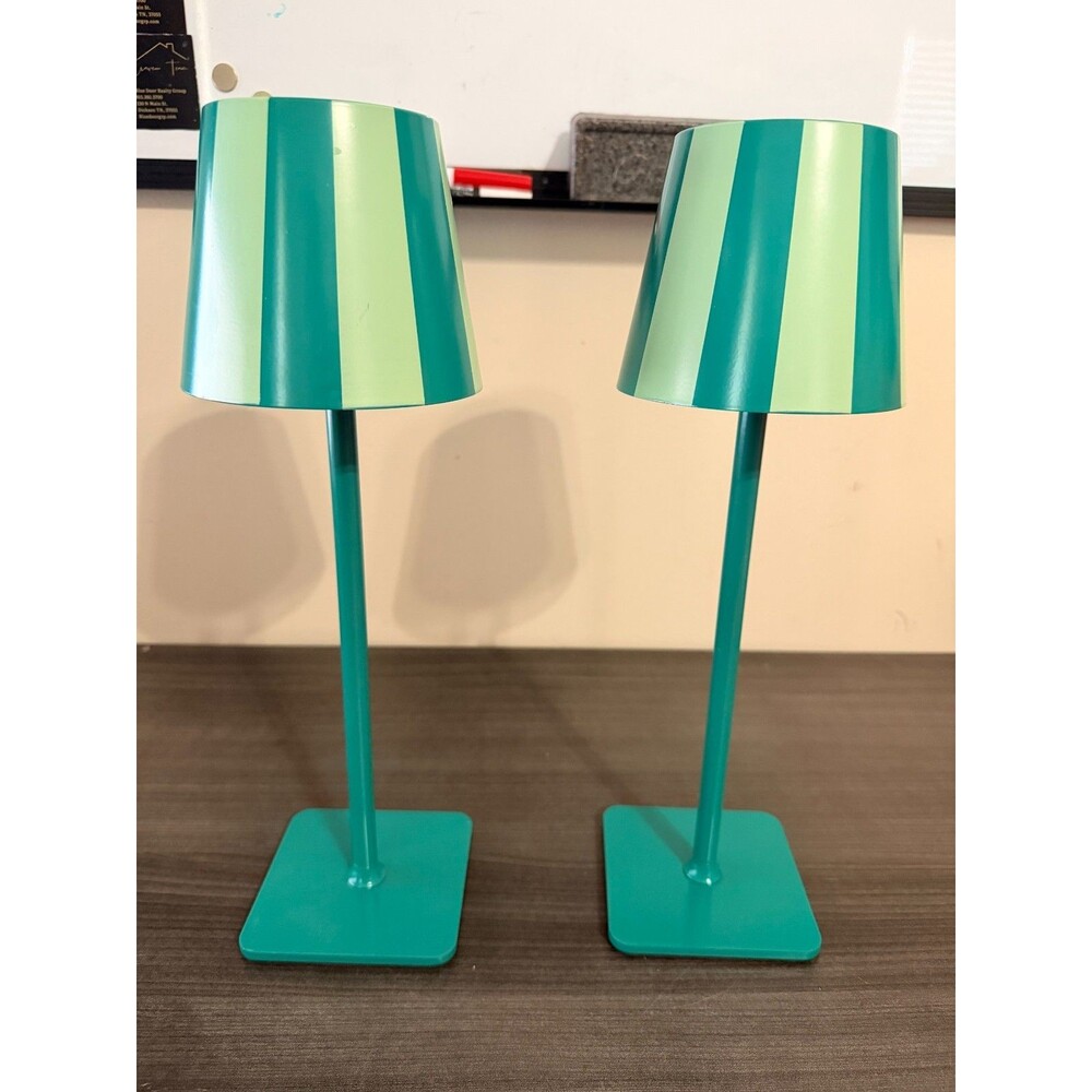 Idea Nuova Cordless LED Table Lamps Pair Teal Green Stripe One Dimmer READ